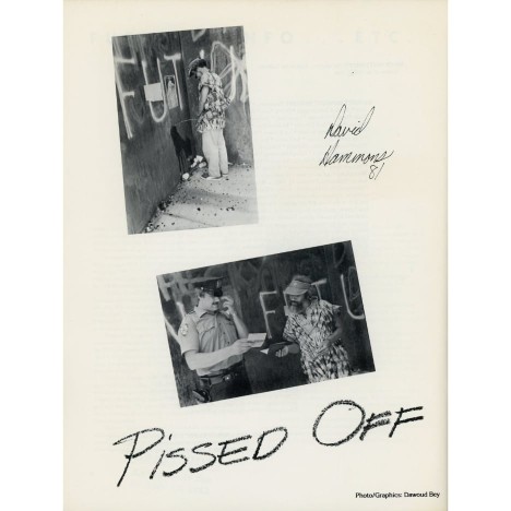 David Hammons, <em>Pissed Off!</em>, 1981, published in vol 2 issue 1 of Franklin Furnace’s magazine <em>FULE</em>, photos by Dawoud Bey