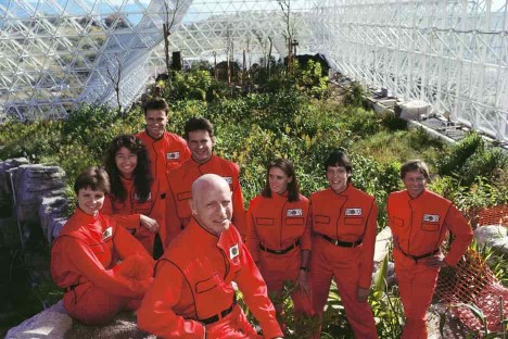 promotional photograph of the Biospherians at the launch of Biosphere 2